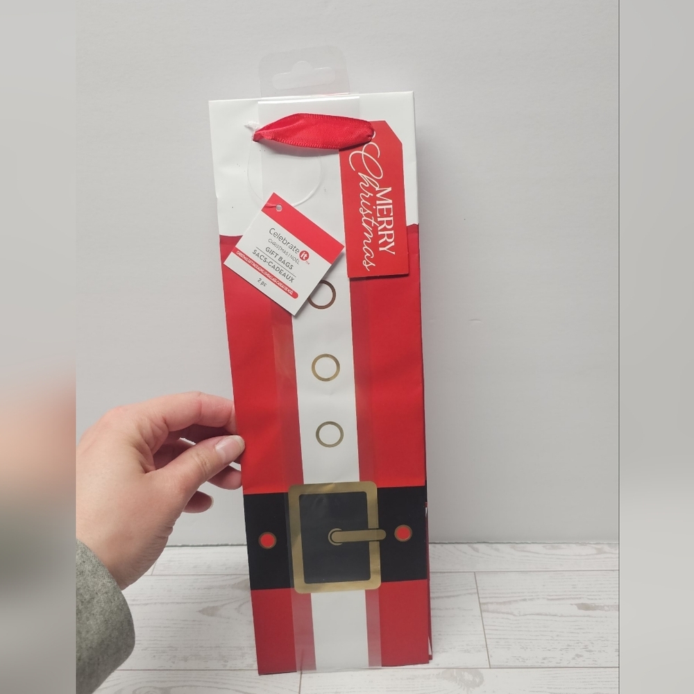 Merry Christmas Santa Belt Wine Gift Bag - Red White Black Gold